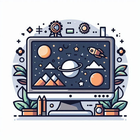 Vector illustration of a flat design of a computer with the image of planets, stars and other elements.のイラスト素材