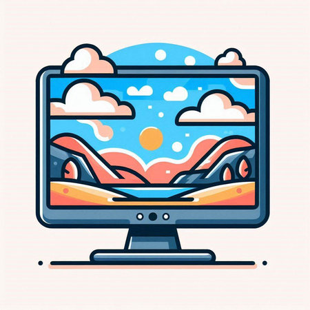 Vector illustration of a computer monitor with a view of the sky and clouds.のイラスト素材