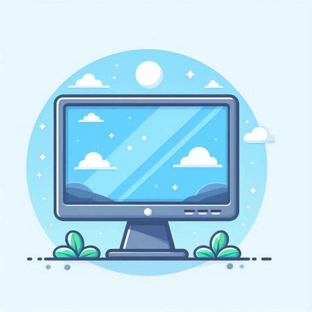 Vector illustration of a computer monitor with clouds on a blue background.のイラスト素材