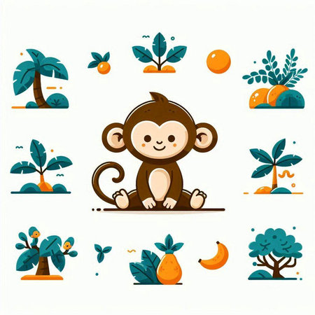 Cute monkey and tropical fruits vector illustration. Cartoon animal character.のイラスト素材