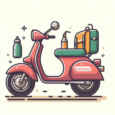 Vintage scooter with backpack and bottles of water. Vector illustration.のイラスト素材