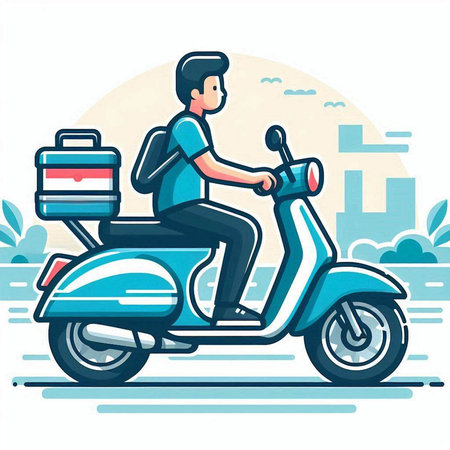 Courier on a scooter with a suitcase. Vector illustrationのイラスト素材