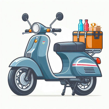Retro scooter with luggage. Vector illustration on white background.のイラスト素材