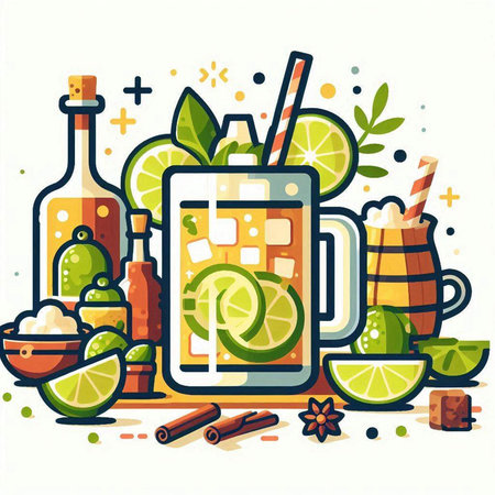 Mojito cocktail with lime, cinnamon and ice. Vector illustration.のイラスト素材