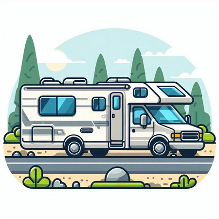 Camper vehicle on the road. Vector illustration in flat style.のイラスト素材