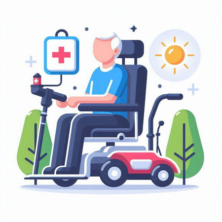 Disabled man on wheelchair with medical equipment. Flat style vector illustration.のイラスト素材