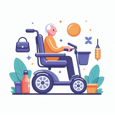 Elderly woman in wheelchair. Isolated flat vector illustration.のイラスト素材