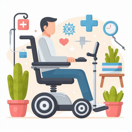Disabled man in wheelchair vector illustration. Cartoon male character in wheelchair, medical equipment.のイラスト素材