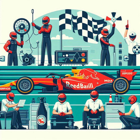Bartender team racing car on racetrack. Vector illustrationのイラスト素材