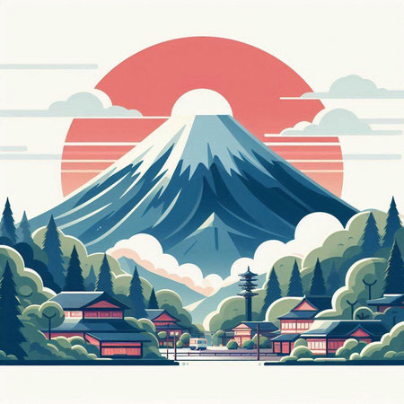 Mt. Fuji in the Japanese garden, Japan. Vector illustration.のイラスト素材