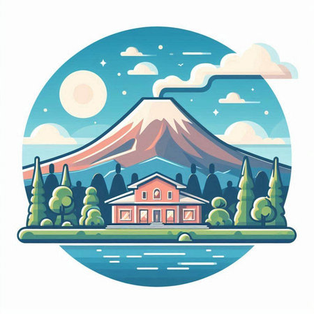 Mt. Fuji in the circle. Landscape. Vector illustration.のイラスト素材