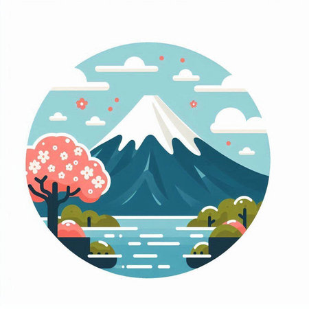 Mt. Fuji, cherry blossom and lake. Vector illustration.のイラスト素材