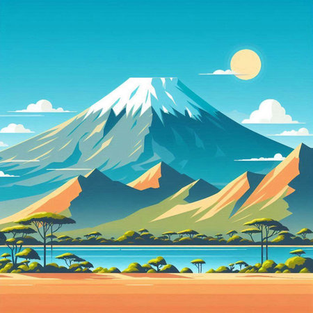 Volcanic Landscape with Mountain and Lake. Vector Illustrationのイラスト素材