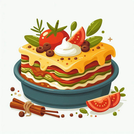 Illustration of lasagna with tomato, cheese and herbs. Vector illustration.のイラスト素材