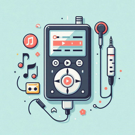 Music player with earphones, headphones and notes. Vector illustration.のイラスト素材