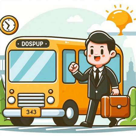 Businessman with briefcase in front of school bus cartoon vector illustrationのイラスト素材