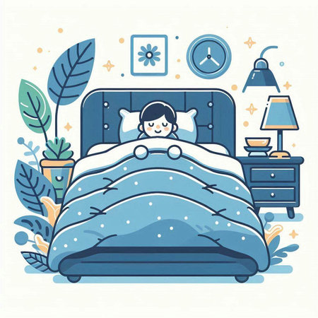 Vector illustration of a girl in bed with pillows and blanket.のイラスト素材
