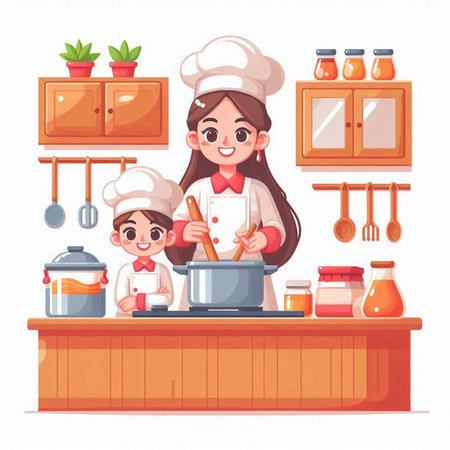 Mother and children cooking together in kitchen. Cartoon vector illustration. Mother and child cooking together.のイラスト素材