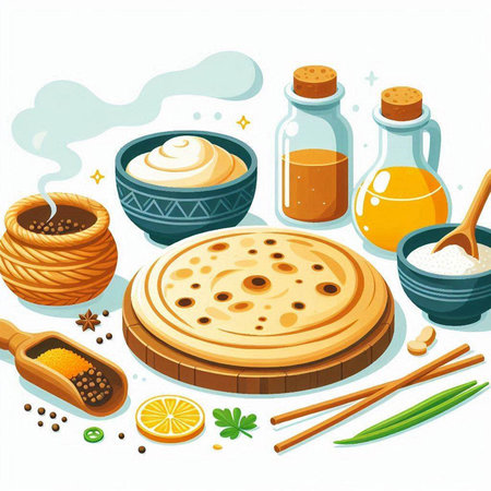 Illustration of a set of ingredients for traditional chinese cuisine.のイラスト素材