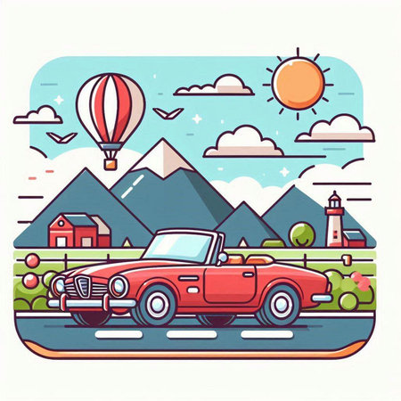 Retro car on the road in the mountains. Vector illustration.のイラスト素材