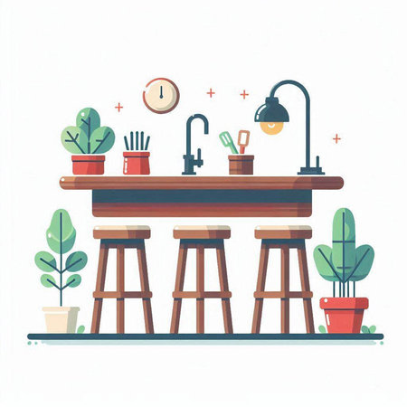 Vector illustration of bar counter with stools and plants in flat style.のイラスト素材