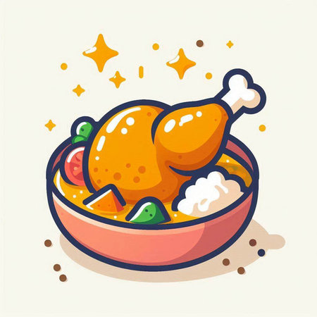 Illustration of fried chicken with rice and vegetables. Vector illustration.のイラスト素材