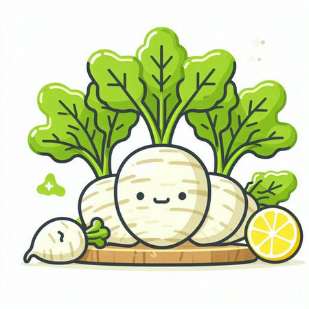 Illustration of Cute Radish Cartoon Character with Lettuce and Lemonのイラスト素材