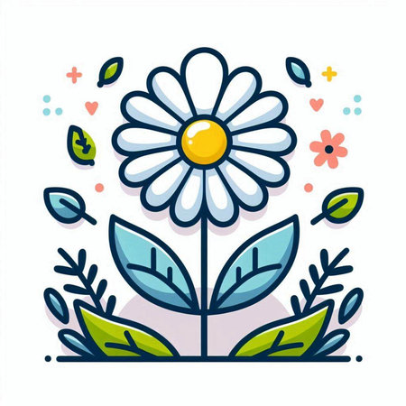 Daisy flower with leaves and flowers. Vector illustration in flat linear style.のイラスト素材