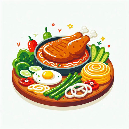 Vector illustration of a plate of fried chicken with vegetables and fried eggのイラスト素材