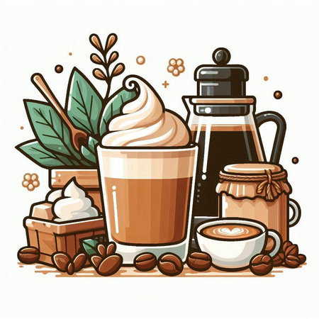 Coffee time. Vector illustration of a cup of coffee with cream, sugar, cinnamon, coffee beans, a jar of honey, a spoon and a shaker.のイラスト素材