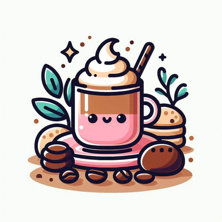 Cute cup of coffee with whipped cream and cookies. Vector illustration.のイラスト素材
