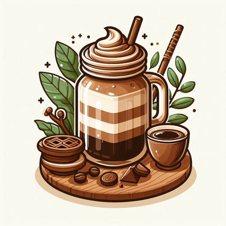Coffee cup with whipped cream, coffee beans, cinnamon sticks and cinnamon sticks. Vector illustration.のイラスト素材
