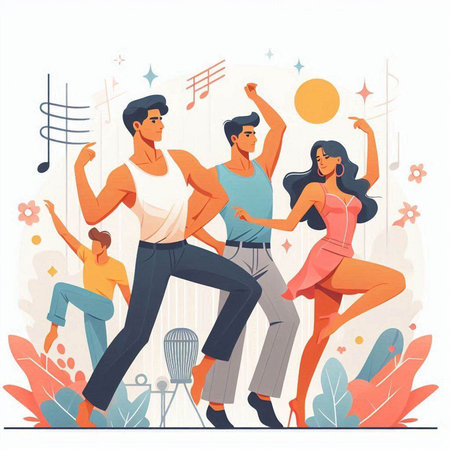 Dancing people flat vector illustration. Young men and women dancing at party.のイラスト素材