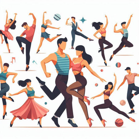 Dancing people. Group of men and women in different poses. Vector illustrationのイラスト素材