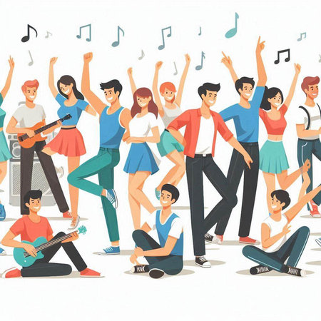 Music festival. Group of young people dancing and singing. Vector illustration.のイラスト素材