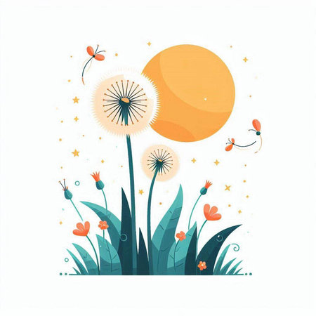 Dandelion flower in the grass. Vector illustration on white background.のイラスト素材