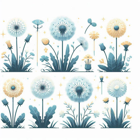 Dandelion flower set. Hand drawn vector illustration. Isolated on white background.のイラスト素材