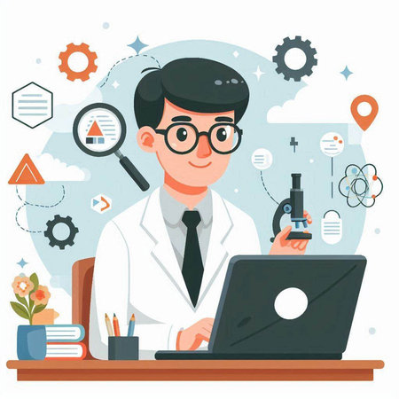 Scientist with microscope and laptop. Vector illustration in flat style.のイラスト素材