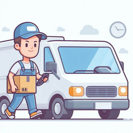 Delivery man with parcel and truck. Vector illustration in cartoon style.のイラスト素材