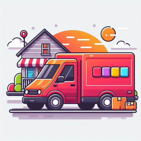 Vector illustration of a delivery truck in a flat style on a white background.のイラスト素材