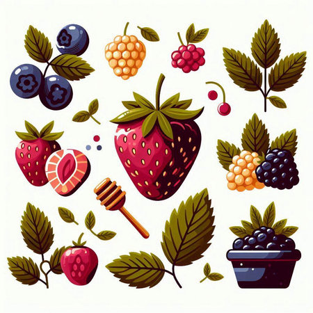 Berries set. Strawberry, raspberry, blackberry, blueberry, raspberry, blackberry, blackberry, currant, strawberry. Vector illustration.のイラスト素材