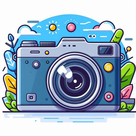 Vector illustration of a camera on a background of blue sky with cloudsのイラスト素材