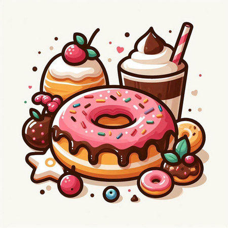 Donut with ice cream, cherry and whipped cream. Vector illustration.のイラスト素材