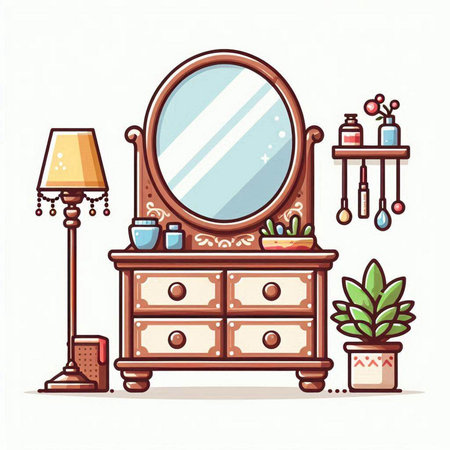 Vector illustration of a dressing table with mirror, potted plants and lamp. Isolated on white background.のイラスト素材