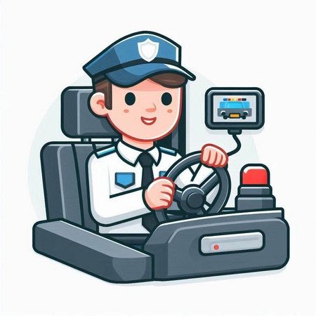 Illustration of a cartoon policeman driving a car on a white backgroundのイラスト素材