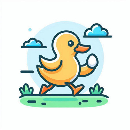 Cute rubber duck running in the park. Vector flat illustration.のイラスト素材