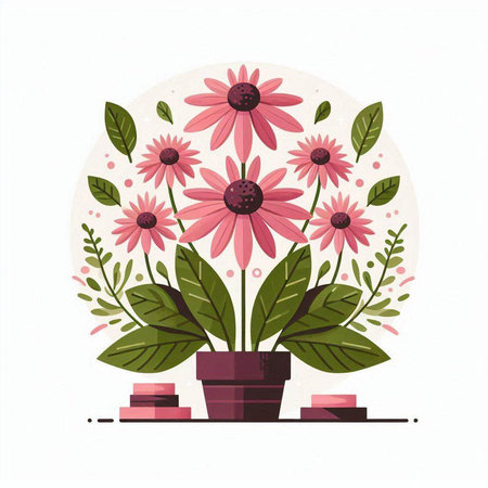 Flowerpot with echinacea. Vector illustration in flat styleのイラスト素材