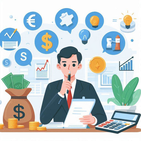Businessman thinking about money and finance. Vector illustration in flat styleのイラスト素材