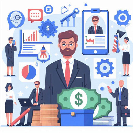 Businessman with money and business icons. Vector illustration in flat styleのイラスト素材
