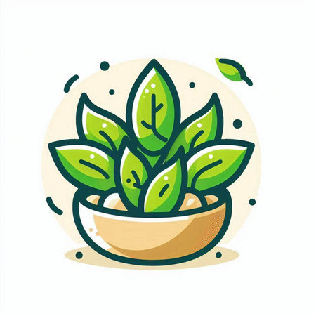 Green leaves in a bowl. Vector illustration on a white background.のイラスト素材